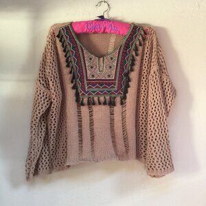 Miss Pop Embroidered Tassel Open Knit Peasant Sweater Top Boho Generous Fit Tan